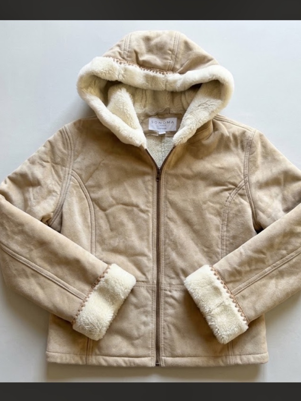 SONOMA Leather Suede Faux Fur Trim Hooded Jacket Women's XL